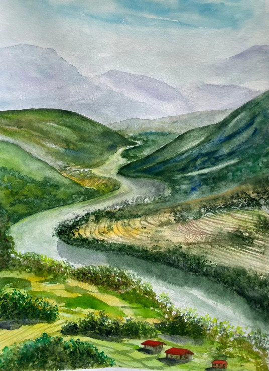 Scenic River Valley (ART-8841-120680) - Handpainted Art Painting - 11in X 15in