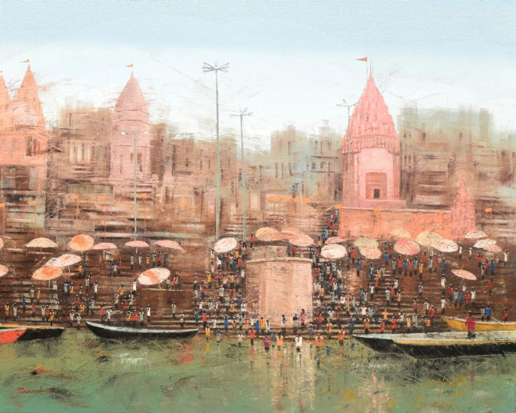 Eternal Rhythms Of Banaras (ART-7774-120670) - Handpainted Art Painting - 60in X 48in