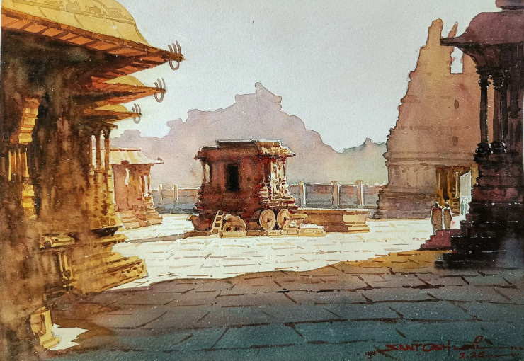 Hampi Chariot (ART-8116-120707) - Handpainted Art Painting - 15in X 11in