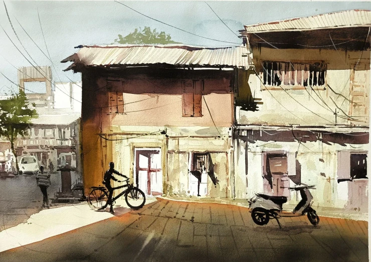 Play Of Light And Shadow Old House (ART-8116-120697) - Handpainted Art Painting - 15in X 11in