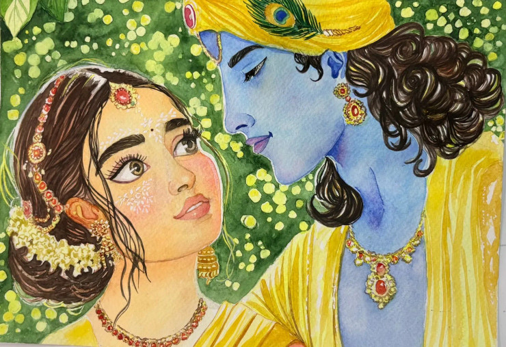 Eternal Love- Radha Krishna (ART-18084-120691) - Handpainted Art Painting - 11in X 8in