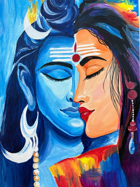 Shiva Parvathi (ART-18084-120690) - Handpainted Art Painting - 8in X 11in