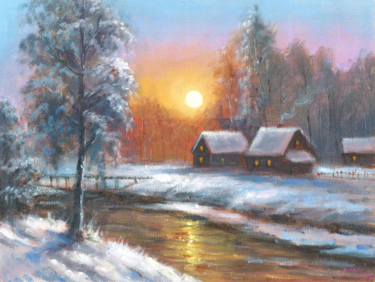 Winter’s Golden Hearth | Original Winter Landscape Painting (ART-4815-120724) - Handpainted Art Painting - 12in X 9in