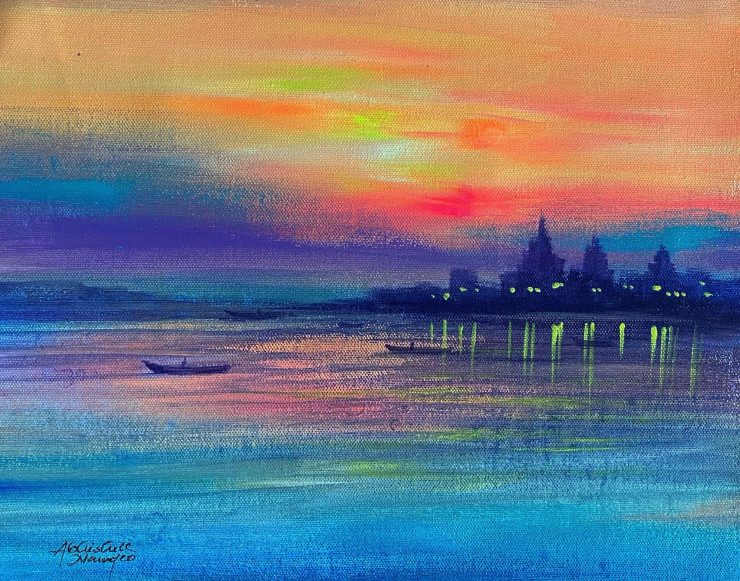 Banaras Ghat Colorful (ART-3512-120718) - Handpainted Art Painting - 11in X 9in