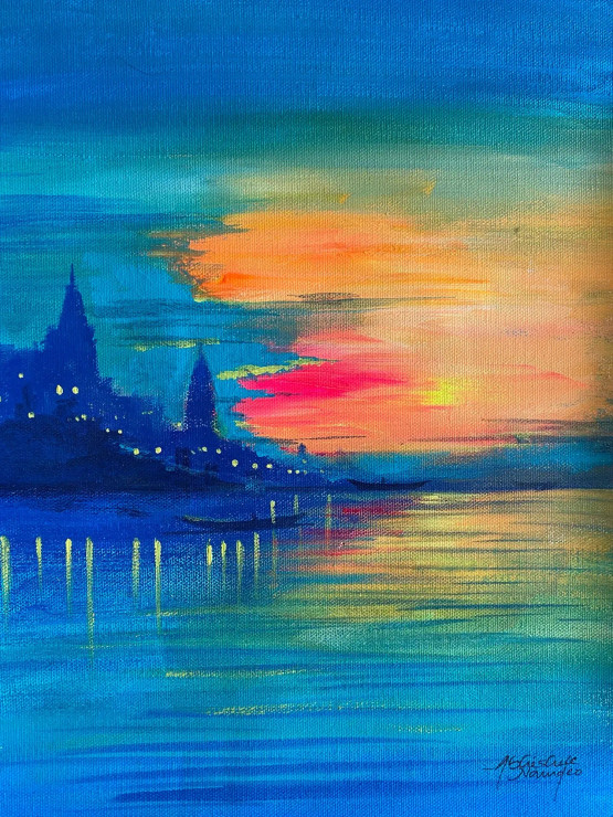 Banaras Ghat Colorful (ART-3512-120729) - Handpainted Art Painting - 9in X 11in