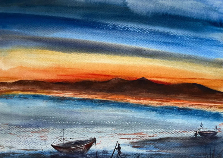 Serene Sunset Over Calm Waters (ART-8841-120779) - Handpainted Art Painting - 14in X 10in