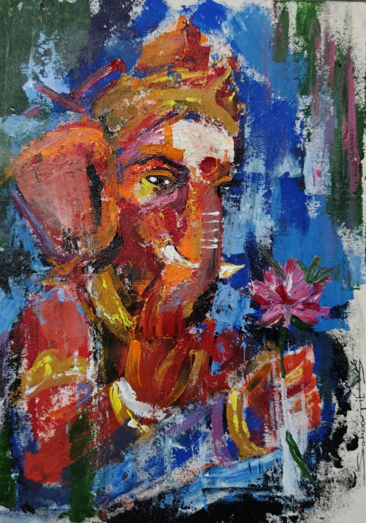Divine Chaos: The Colorful Presence Of Ganesha (ART-17209-120815) - Handpainted Art Painting - 11in X 15in