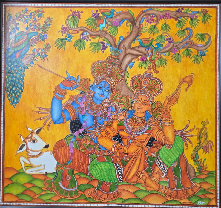 Kerala Mural Painting_Radhamadhavam (PRT-8844-120864) - Canvas Art Print - 42in X 40in