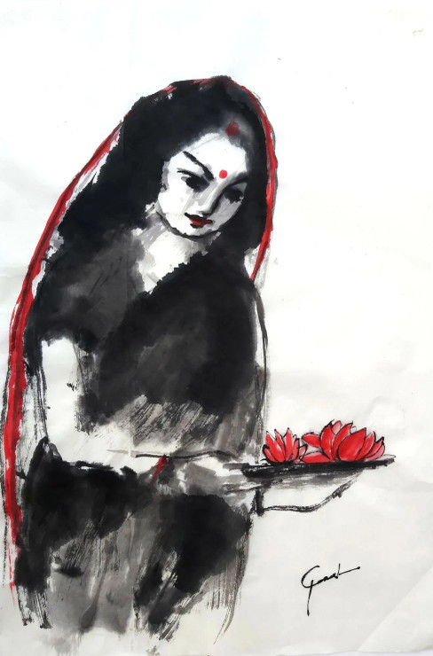 Indian Lady - 106 (ART-6373-120854) - Handpainted Art Painting - 17in X 27in