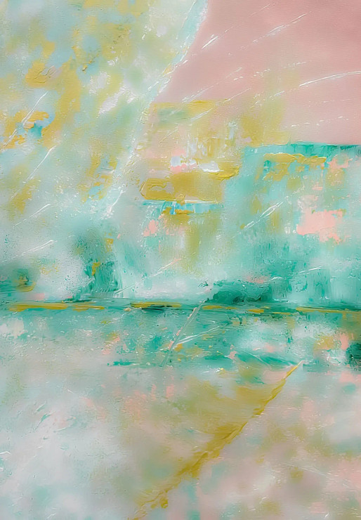 Coastal Abstract Painting In Teal & Pastel Pink, Textured (ART-8156-120860) - Handpainted Art Painting - 15in X 21in