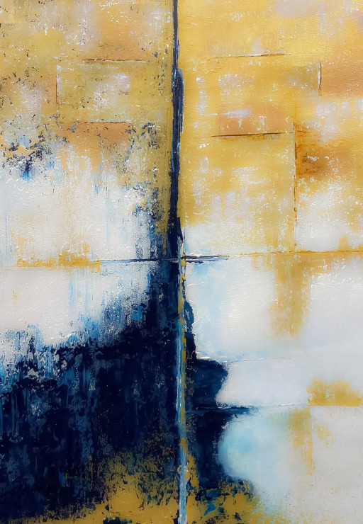 Bold Blue Yellow Abstract With Textural Contrast (ART-8156-120874) - Handpainted Art Painting - 15in X 21in