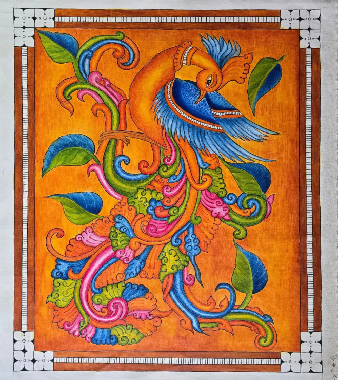 Kerala Mural Painting Peacock (PRT-8844-120938) - Canvas Art Print - 21in X 24in