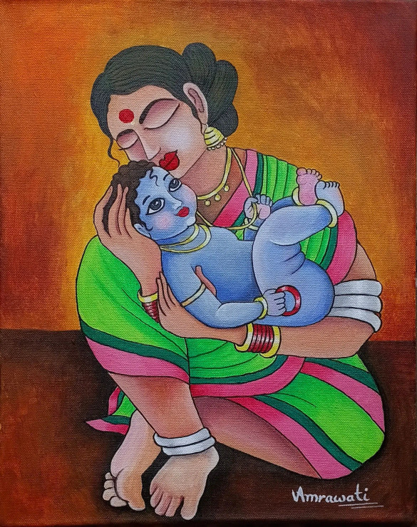 Yashoda Ka Nandlal (ART-18317-121009) - Handpainted Art Painting - 12in X 16in