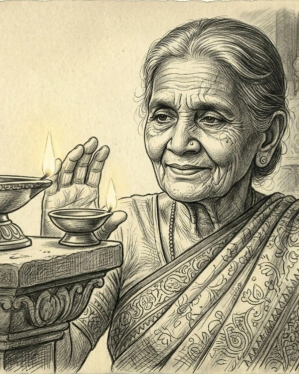 Eternal Light - Elderly Woman Lighting Diya (ART-18384-121029) - Handpainted Art Painting - 12in X 10in