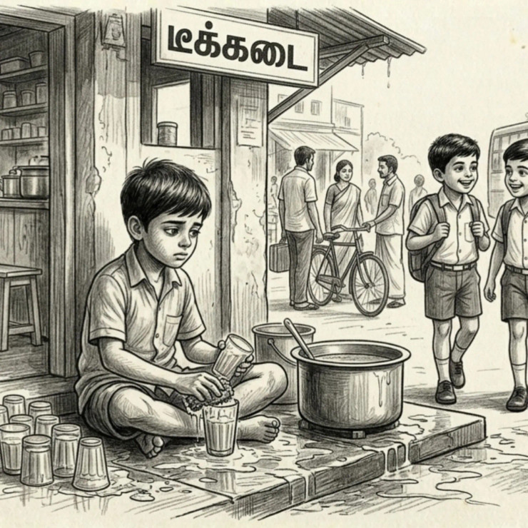 Shadows Of Childhood: The Tea Stall Worker (ART-18384-121042) - Handpainted Art Painting - 12in X 10in