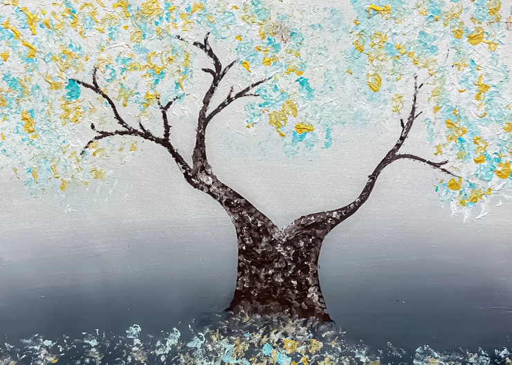 Modern Textured Tree Painting Gold And Teal Leaves Abstract Canvas Art (ART-8156-121247) - Handpainted Art Painting - 15in X 21in
