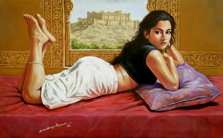 "A Young Indian Princess Lies On The Bed In A Romantic Mood" (ART-5244-121453) - Handpainted Art Painting - 36in X 22in