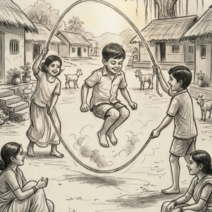 Village Joys - Skipping Rope (ART-18384-121408) - Handpainted Art Painting - 12in X 10in