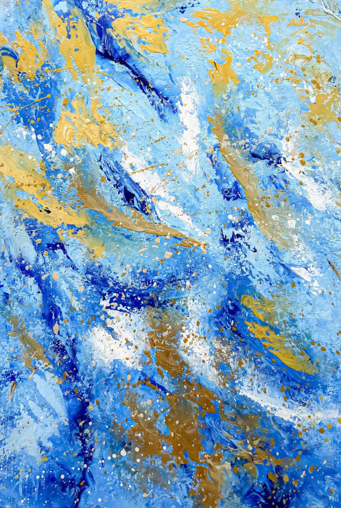 Bold Blue Abstract With Gold Textured Movement (ART-8156-121180) - Handpainted Art Painting - 14in X 21in