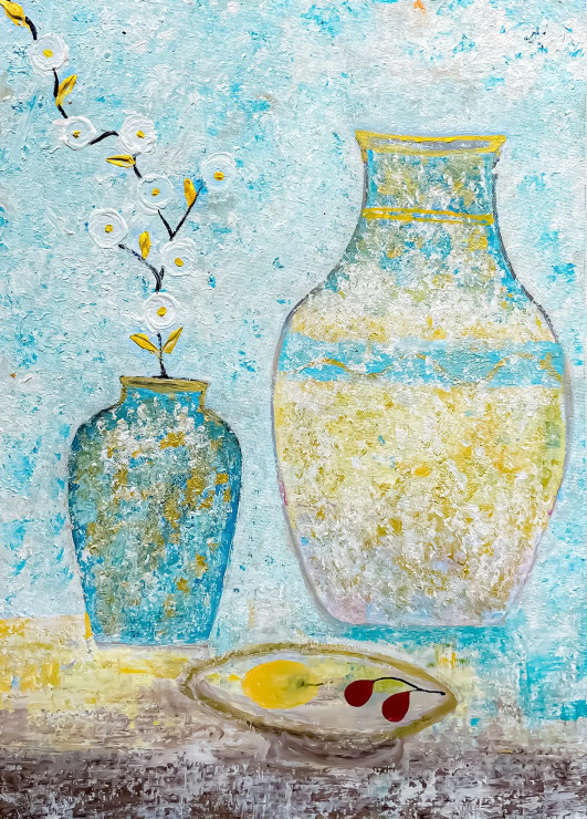 Modern Still Life Vase Painting Blue Yellow Textured (ART-8156-121139) - Handpainted Art Painting - 15in X 21in