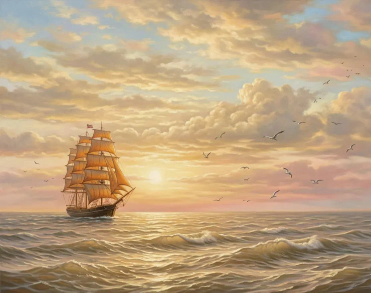 Seascape Ocean Ship Sailing (ART-3319-121199) - Handpainted Art Painting - 48in X 36in