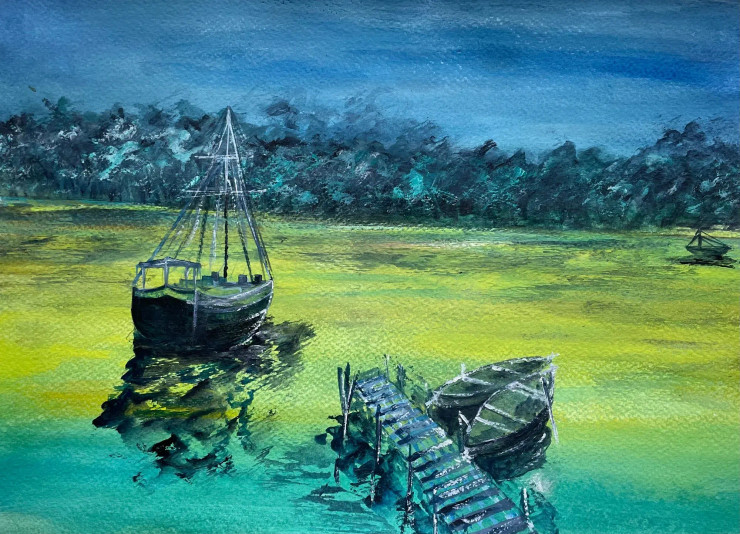 Serene View Of Sea And Boats (ART-8841-121113) - Handpainted Art Painting - 14in X 10in