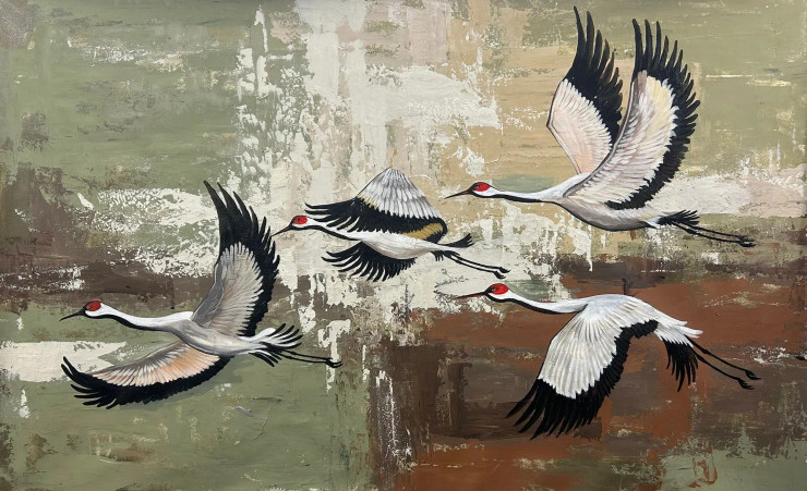 Flying Birds Painting | Original Handmade Bird Art Contemporary Wall Decor (ART-16885-121501) - Handpainted Art Painting - 60in X 36in