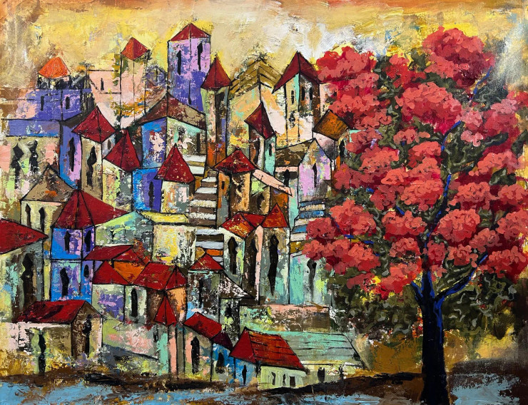 Abstract Cityscape Painting | Original Handmade Contemporary Wall Art (ART-16885-121472) - Handpainted Art Painting - 60in X 48in