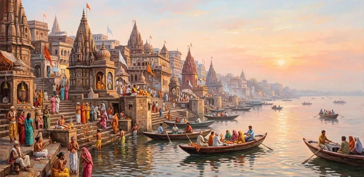 Banaras Ghat Painting (ART-3319-121468) - Handpainted Art Painting - 60in X 30in