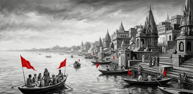 Varanasi Ghat Painting (ART-3319-121467) - Handpainted Art Painting - 60in X 36in