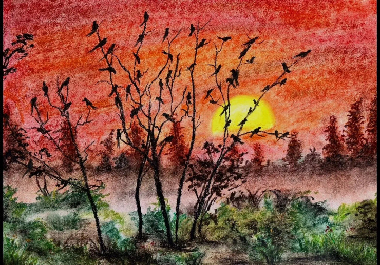 Chirping Parrots And Golden Sky (ART-325-121457) - Handpainted Art Painting - 16in X 12in