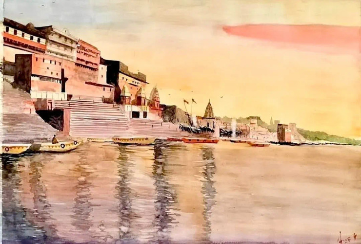 Varanasi Ghats (ART-5950-120148) - Handpainted Art Painting - 27in X 21in