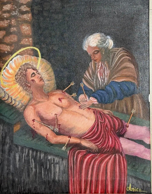 Acrylic Painting - A Painting Of St. Sebastian On A Canvas (ART-18425-121652) - Handpainted Art Painting - 16in X 12in
