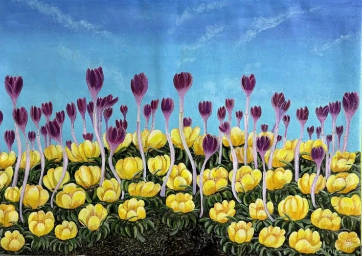 Acrylic Paint- Spring Rise, A Canvas  Acrylic Painting On Flowers (ART-18425-121651) - Handpainted Art Painting - 32in X 23in