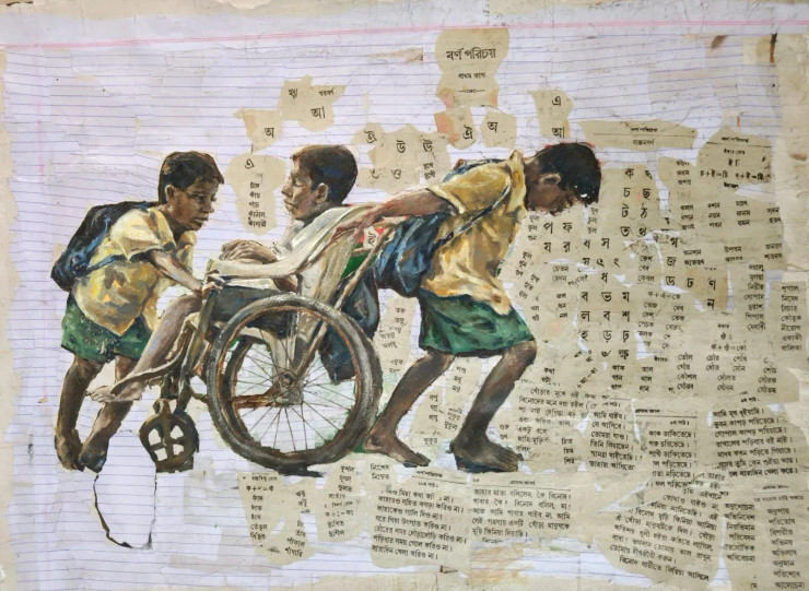 Childhood Memori (ART-18009-120837) - Handpainted Art Painting - 30in X 22in