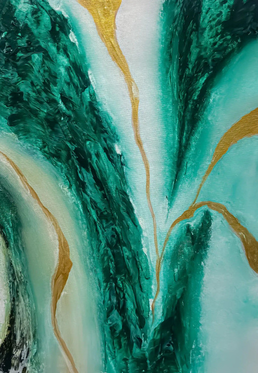 Emerald Green Gold Organic Flow Textured Abstract (ART-8156-121211) - Handpainted Art Painting - 15in X 21in