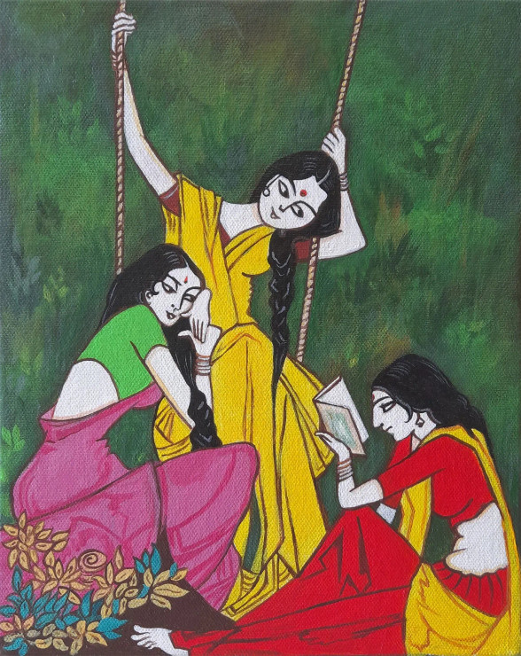 Whispers Beneath The Swing (ART-8857-121795) - Handpainted Art Painting - 9in X 11in