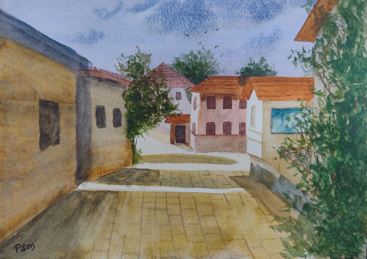Village (ART-5291-121731) - Handpainted Art Painting - 11in X 8in