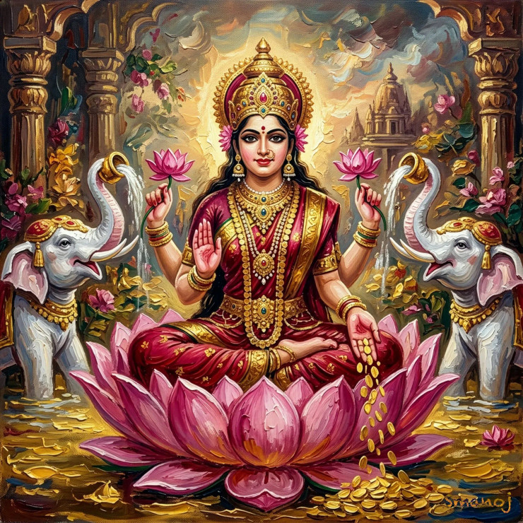 Divine Goddess Lakshmi On Lotus - Golden Aura Textured Wall Art (PRT-8740-122117) - Canvas Art Print - 12in X 12in