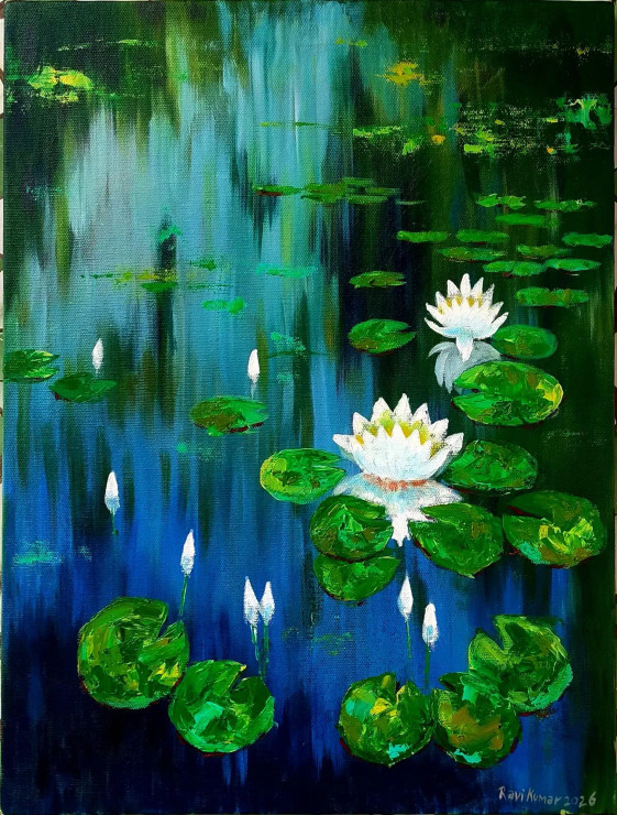 Stillness Beneath The Water Lilies (ART-17784-119331) - Handpainted Art Painting - 18in X 24in