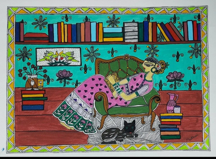Women With Cat (ART-8634-122204) - Handpainted Art Painting - 16in X 12in