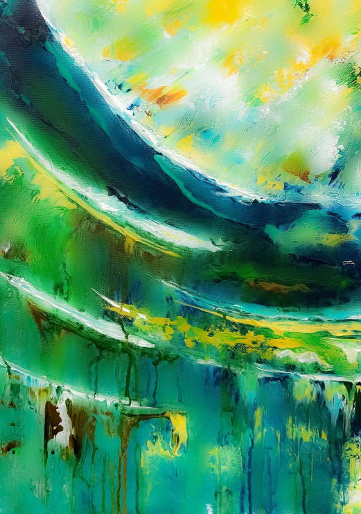 Emerald Horizon Flow Abstract Painting (ART-8156-121894) - Handpainted Art Painting - 15in X 21in