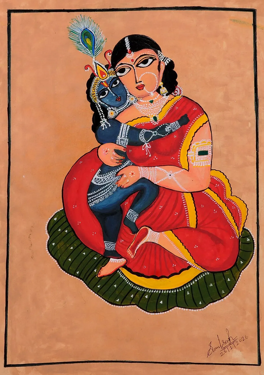 Kalighat Painting - Maa Yashoda And Bal Krishna (ART-1389-122114) - Handpainted Art Painting - 10in X 14in