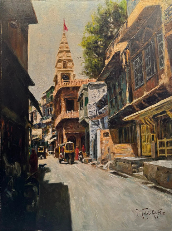 Street Scene - Blue City (ART-15644-122208) - Handpainted Art Painting - 12in X 16in