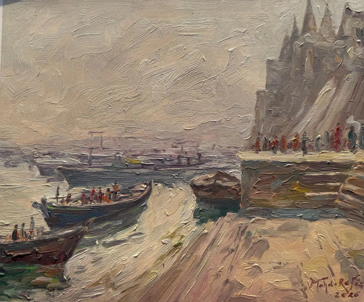Banaras Ghat (ART-15644-122206) - Handpainted Art Painting - 16in X 12in