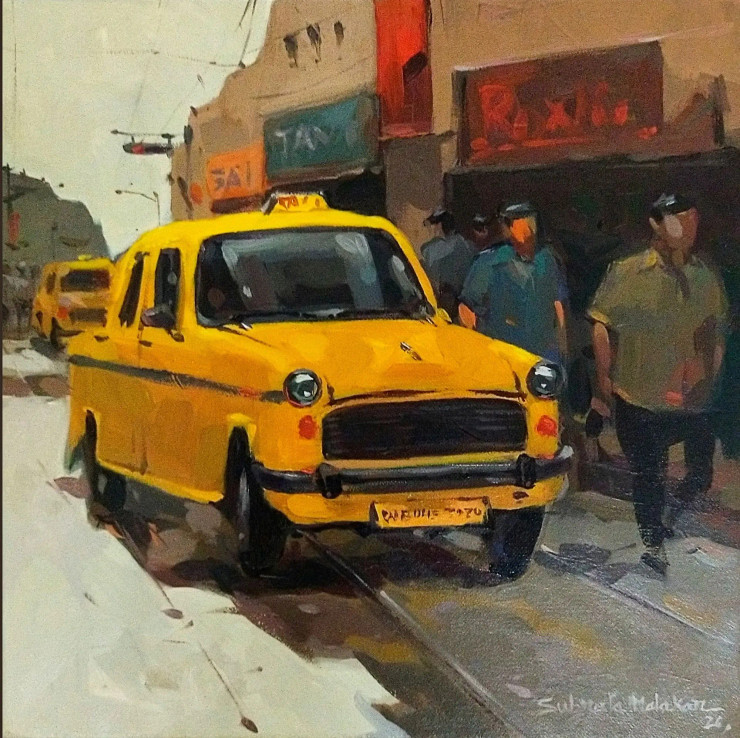 Kolkata Taxi (ART-8170-122255) - Handpainted Art Painting - 12in X 12in
