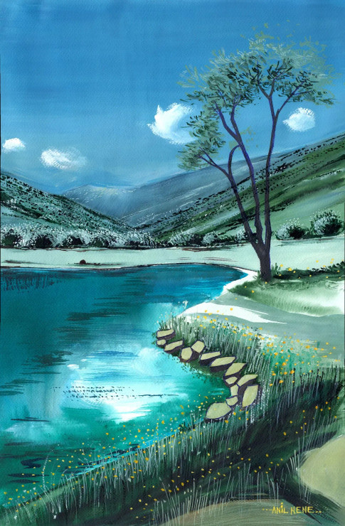 Serene Landscape (ART-924-122288) - Handpainted Art Painting - 14in X 21in