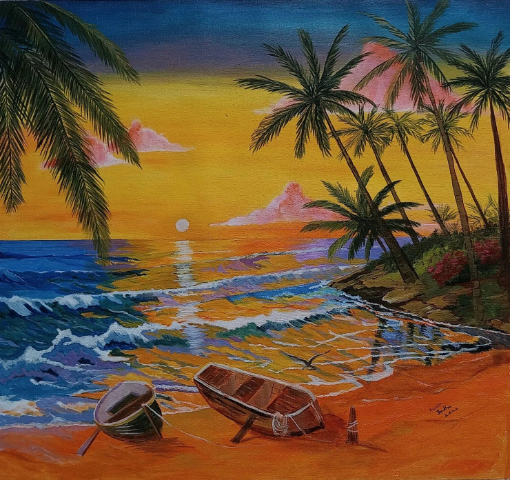 Seascape Landscape Painting (PRT-15701-122292) - Canvas Art Print - 42in X 40in