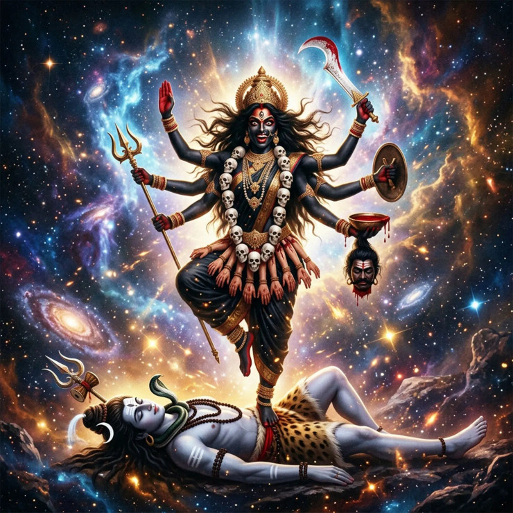 Kali Ma - The Dance Of Dissolution | Standing On Shiva | Pure Awareness Remains (PRT-8740-122392) - Canvas Art Print - 18in X 18in