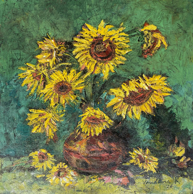 Sunflowers In Green (ART-18240-122408) - Handpainted Art Painting - 23in X 23in